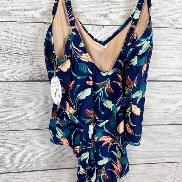 Mynah Plus Size Navy Lush Leaf Printed One Piece Swimsuit Size 24W - Picture 8 of 10